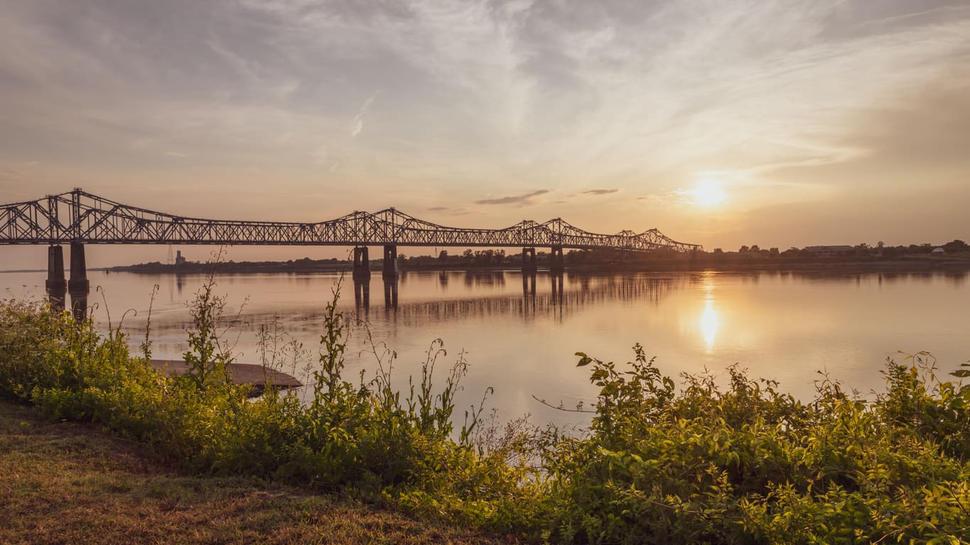 Natchez-Vidalia Bridge over The Mississippi River in Natchez at sunset