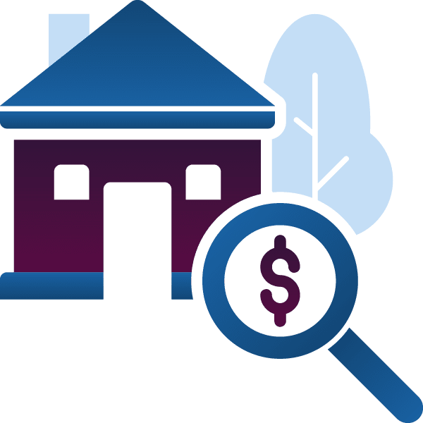 Residential Appraisals icon: magnifying glass with dollar sign next to house with tree