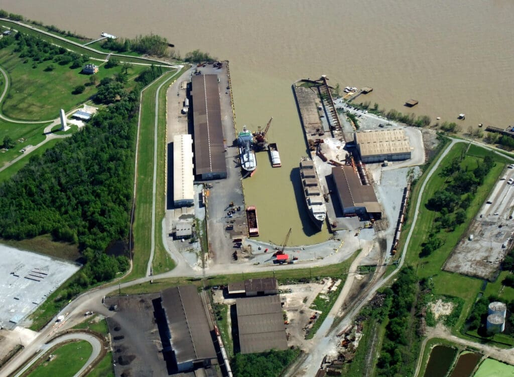 aerial view of New Orleans, harbor industrial with partial view of the Chalmette Battlefield and National Cemetery